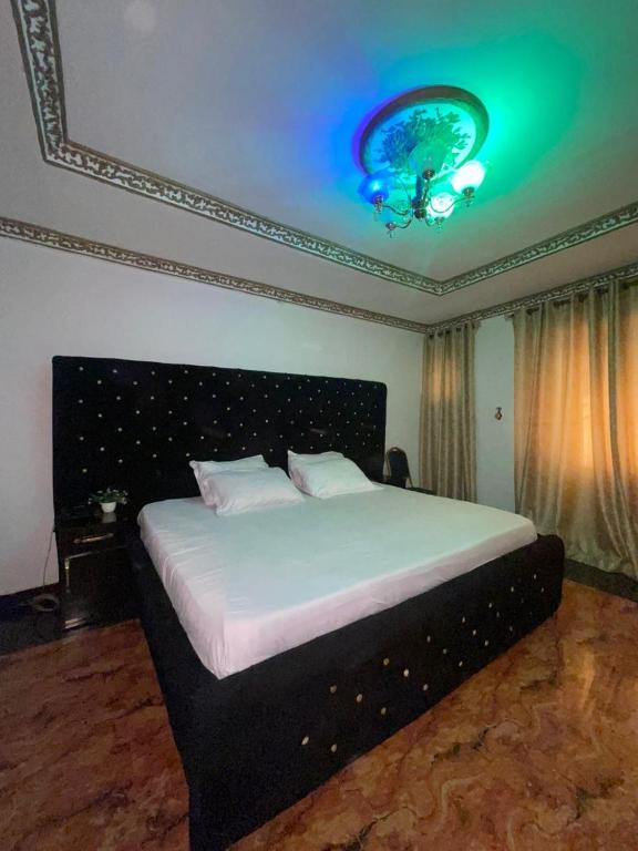 拉各斯Ikorodu Guest House的一间卧室设有一张蓝色天花板的大床