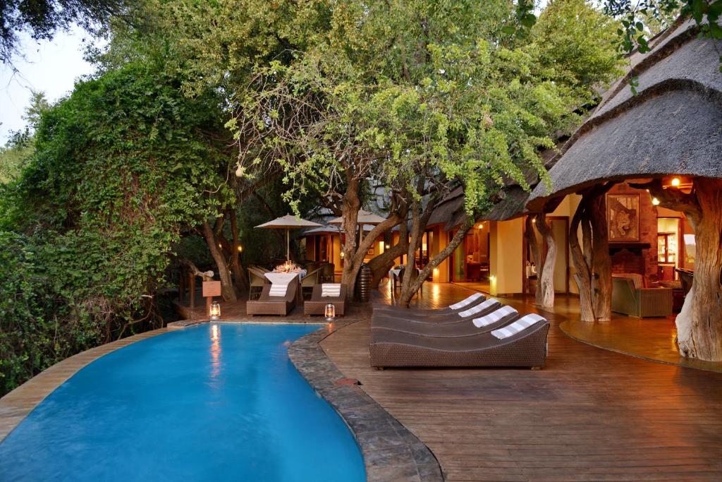 马迪克韦狩猎保护区Motswiri Private Safari Lodge的一个带椅子和树木的游泳池的度假酒店