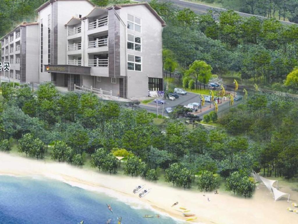 东海市Mangsang Haeorum Family Hotel的享有海滩和大楼的空中景致