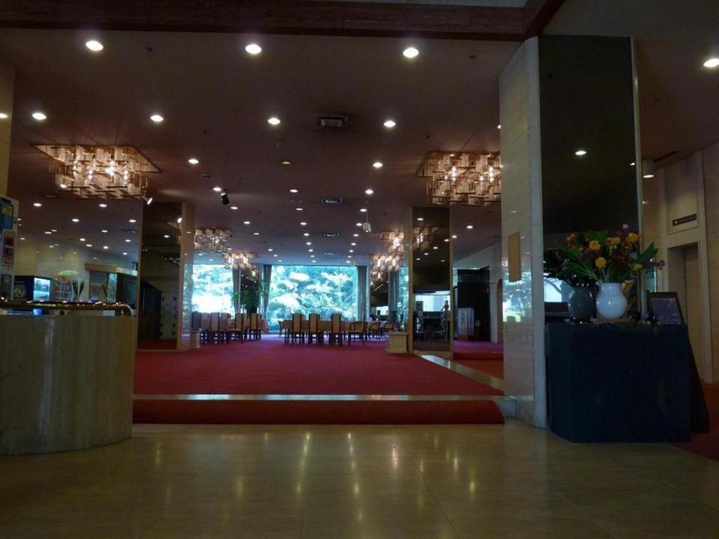 都城市Miyakonojo Royal Hotel的一个带椅子和红地毯的大型大堂