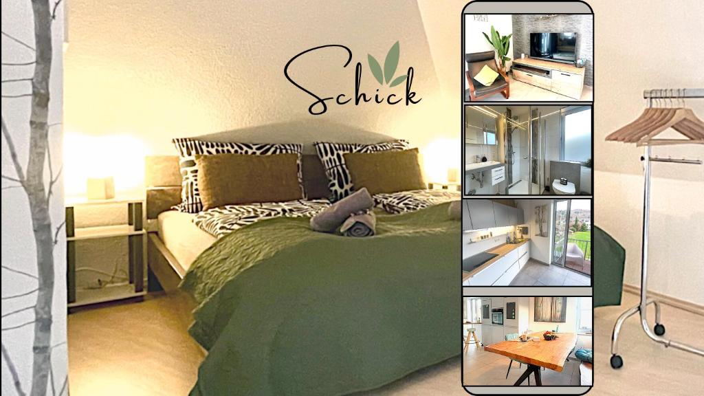 BurbachFemo SCHICK-modern, Natur, Rothaarsteig, 2Etg, 2Bäder的一间卧室配有一张绿色的床和一张桌子