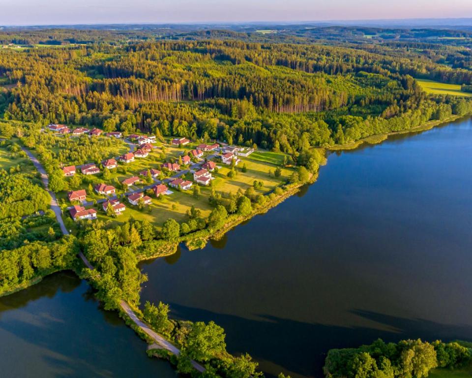 新比斯特日采Amenity Resort Česká Kanada的享有湖畔度假胜地的空中景致