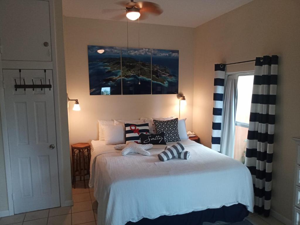 Cruz BayJuliette - Studio, Sunset ocean views, pool.的卧室配有一张床,墙上挂有绘画作品