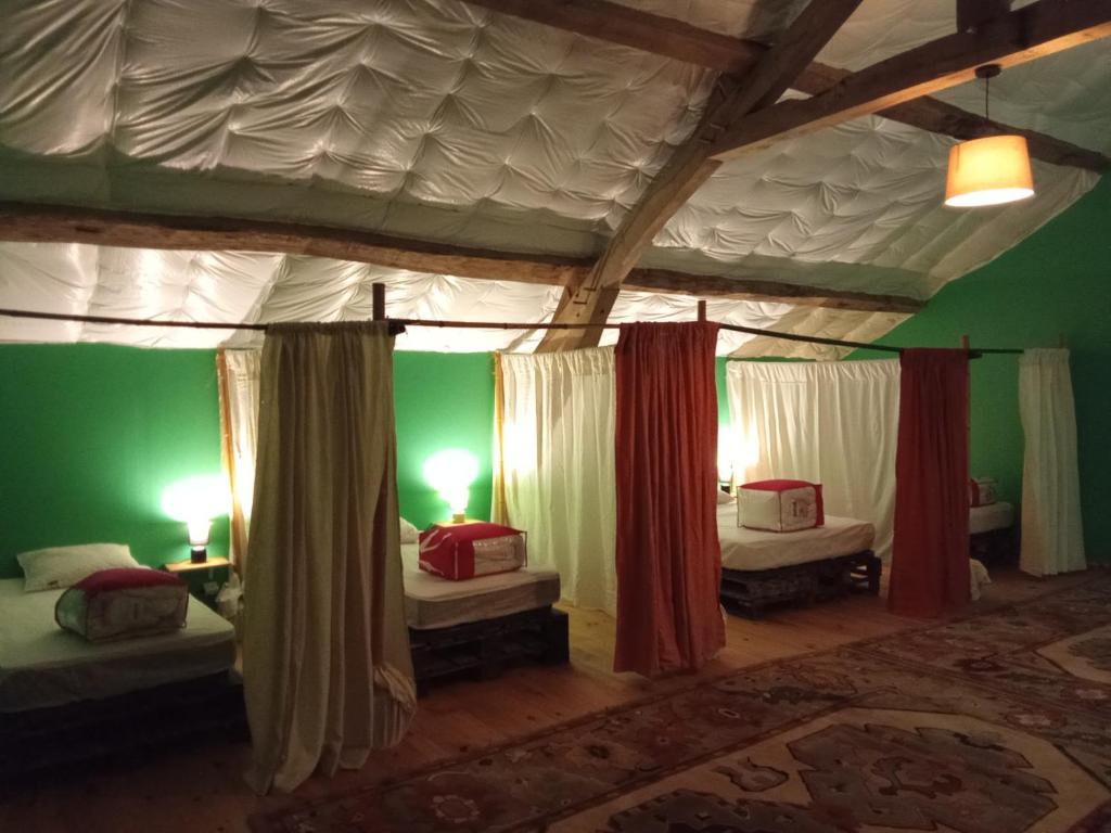 VerneixChambres d'hôtes Les cabris的一间卧室设有两张床,拥有绿色的墙壁