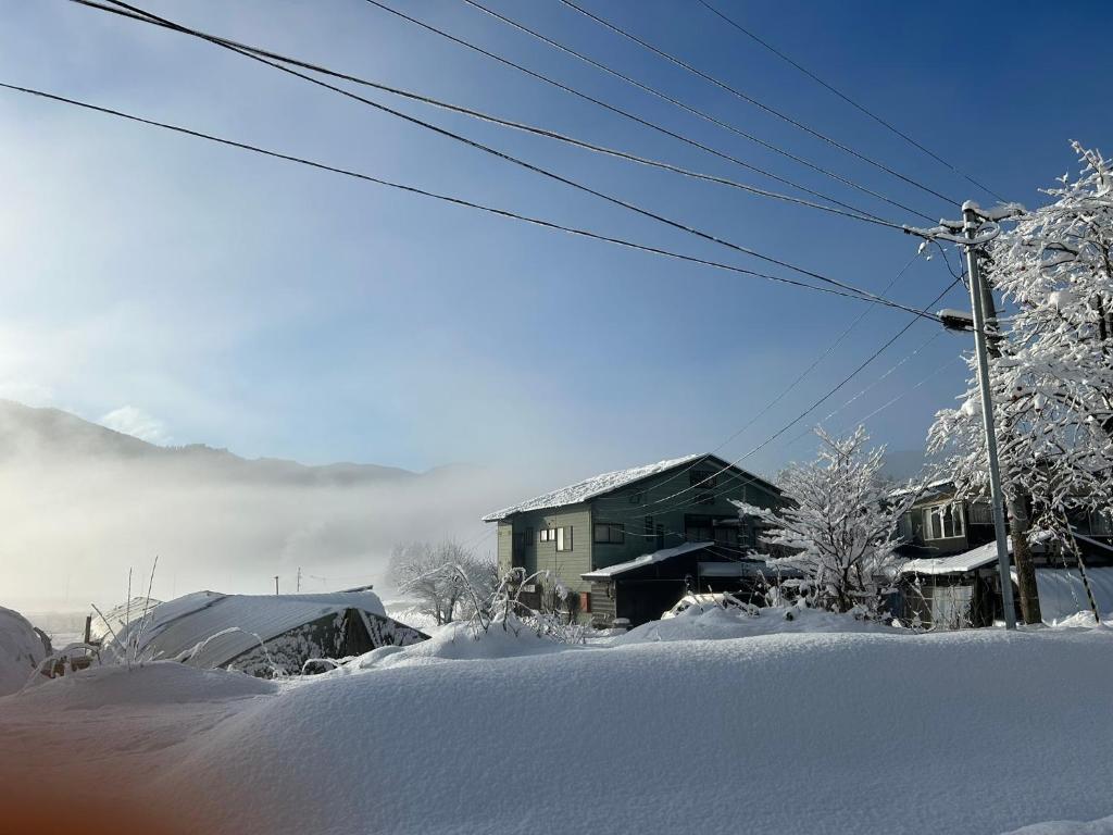 仙北noukanoyado seisetsukan的雪中的房子,有雪覆盖的树木