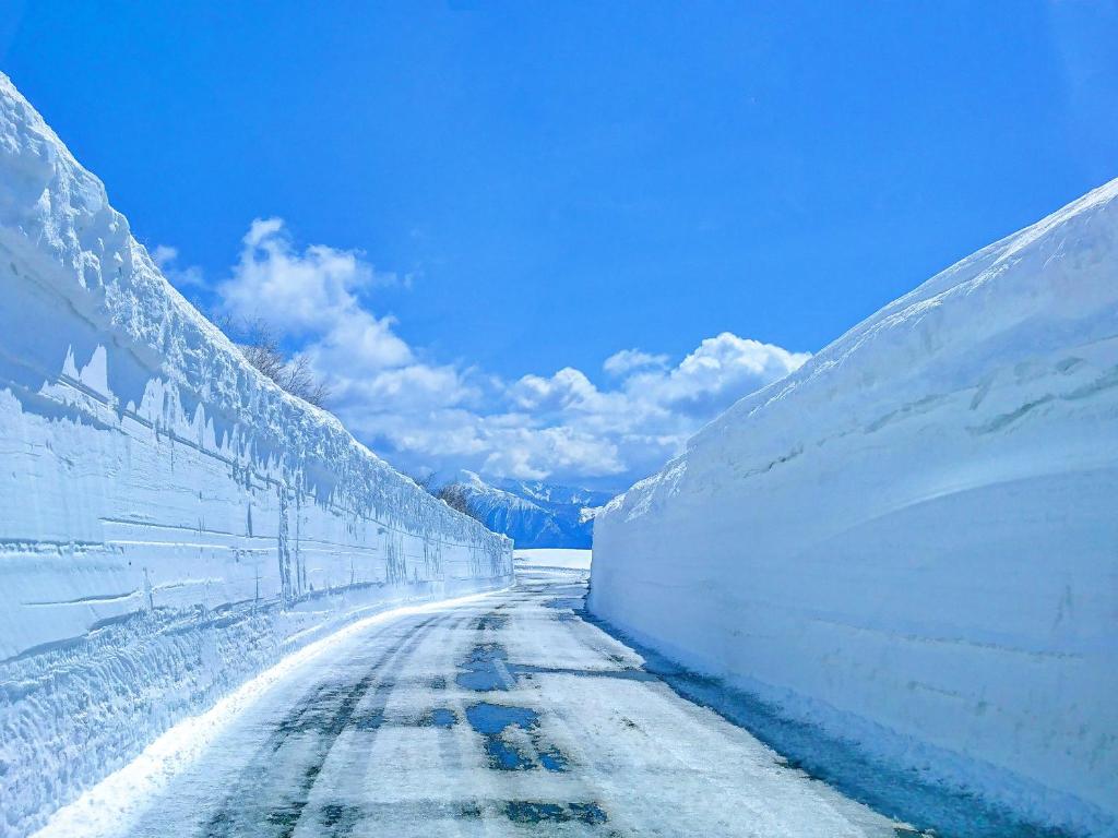 八幡平市Pension Hinode的雪覆盖 两个雪覆盖的栅栏之间的道路