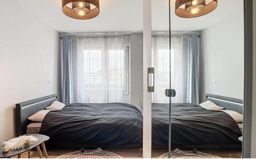 安纳马斯Chambre d'hôte - hypercentre的一间卧室配有一张床和镜子