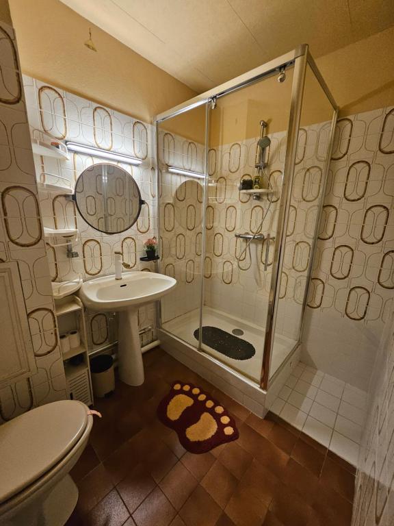 克雷泰伊Belle Chambre的带淋浴、卫生间和盥洗盆的浴室