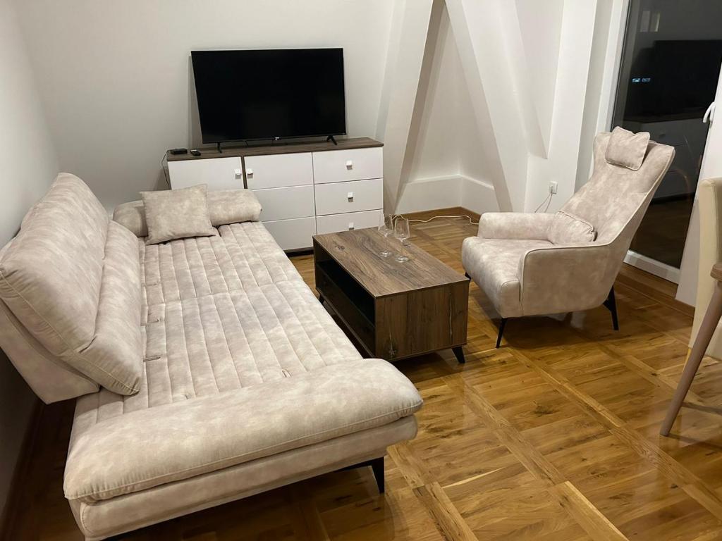 贝尔格莱德Apartman Comfort Beograd的客厅配有沙发、两把椅子和电视