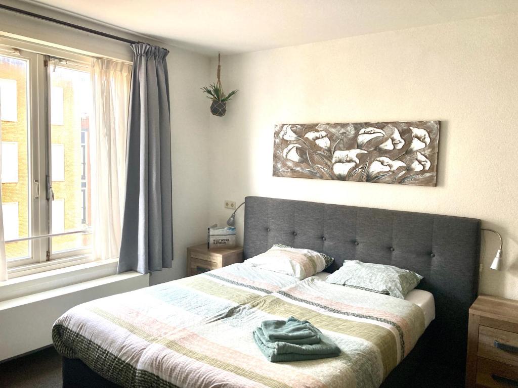 滨海卡特韦克尼科莱特公寓酒店的一间卧室配有一张带毯子的床和窗户