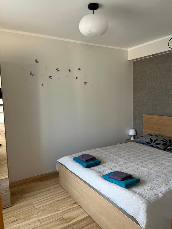 利耶帕亚Baltic Apartament的卧室配有一张墙上鸟床