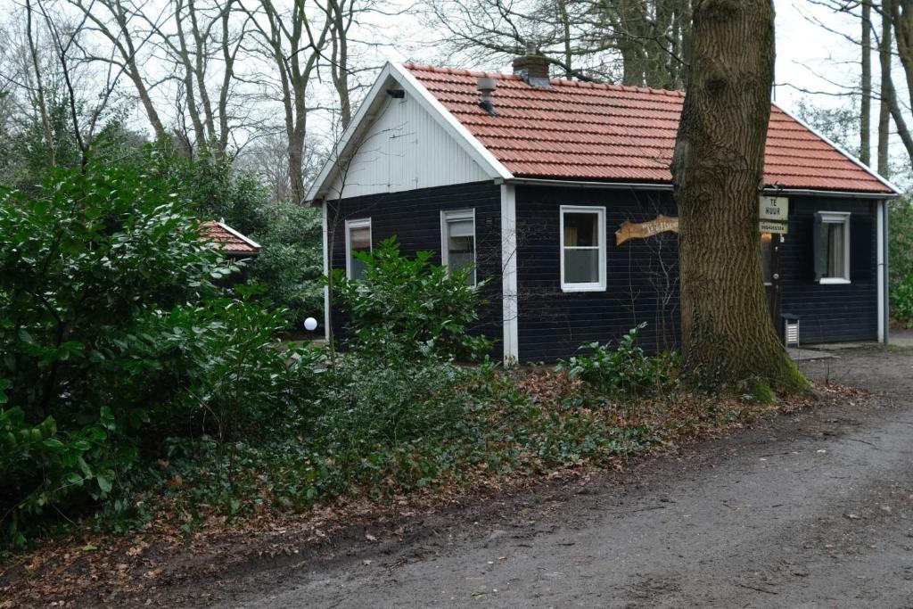 BeerzeVakantiehuis De Veldhoen vrijgelegen nabij de rivier de Vecht的一间黑色和白色的小房子,有红色的屋顶