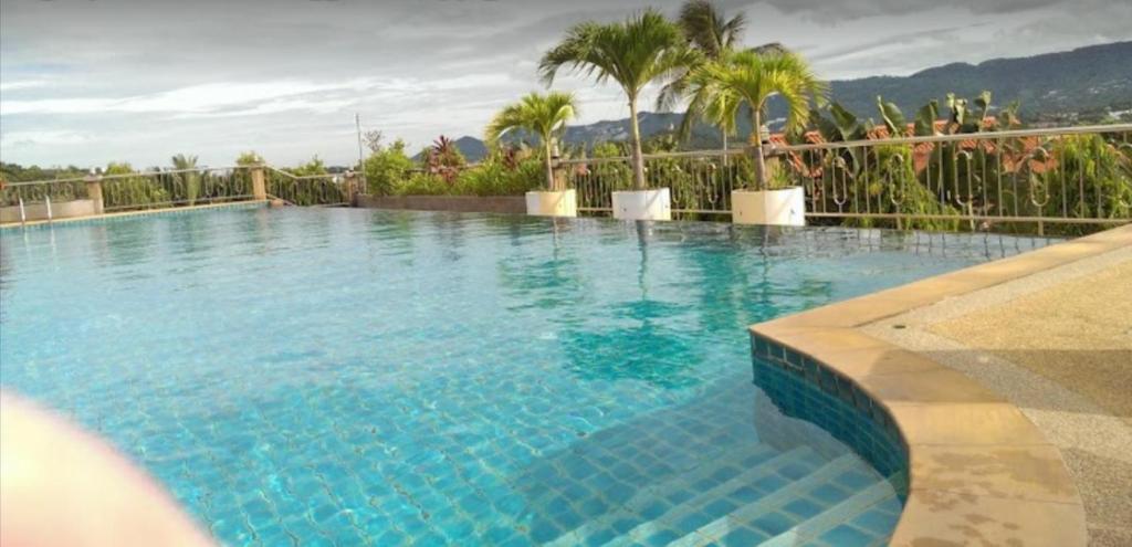 苏梅岛Baan Bangrak Garden的一座拥有蓝色海水和棕榈树的大型游泳池