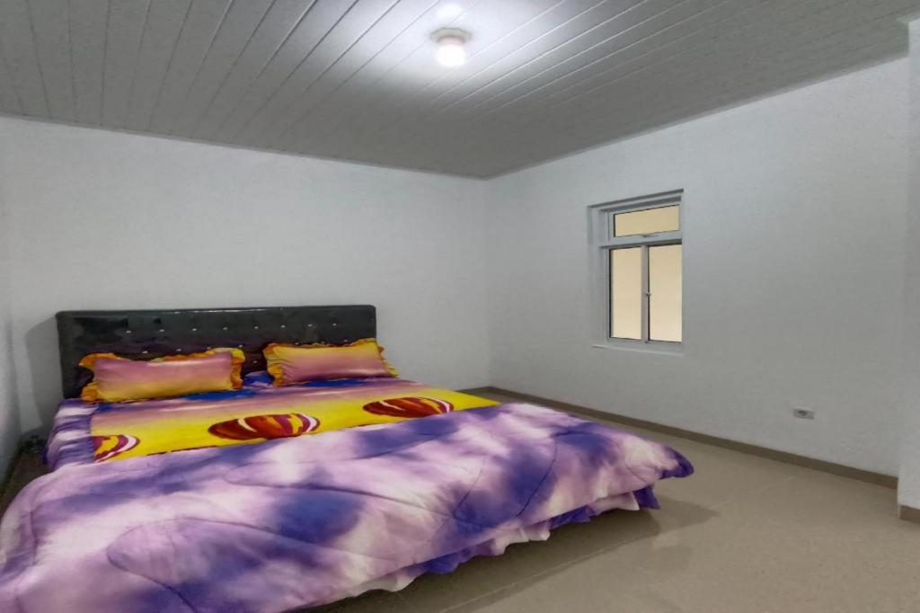 BanualuhuOYO 92504 Guesthouse Porsea的一间卧室配有一张带紫色棉被的床和窗户。