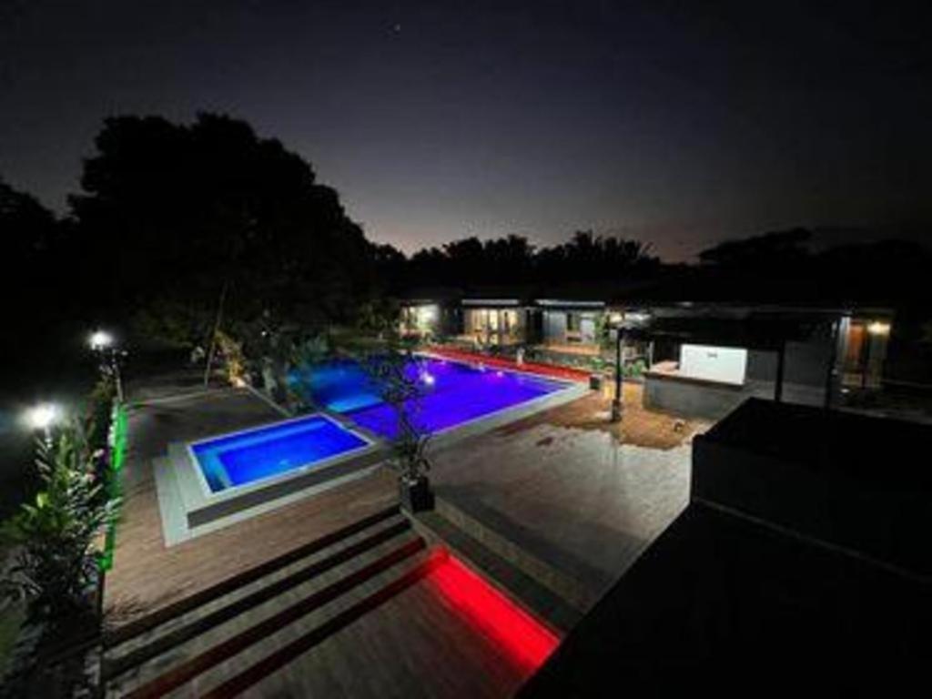 PagsanjanBalai Angelica - Nature Farm & Resort的游泳池晚上有红蓝的灯光