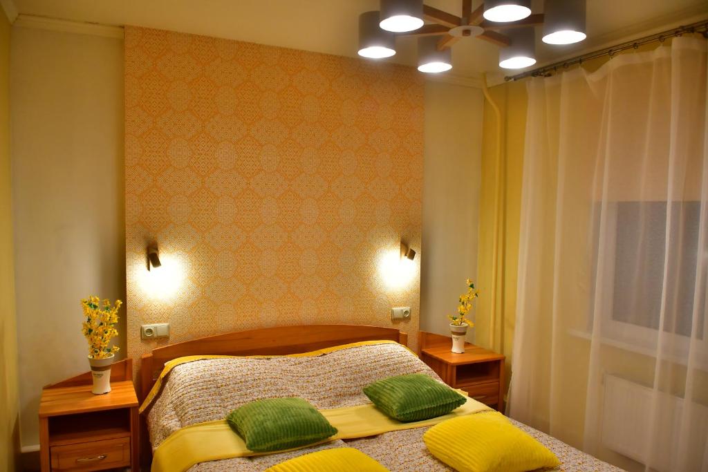 叶卡布皮尔斯Comfortable 4-Room Apartments in Jekabpils的一间卧室配有一张带两个绿色枕头的床