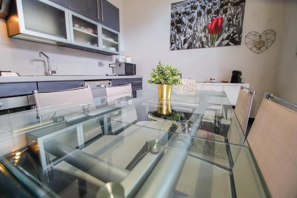 都灵Appartamento Casa Nizza - Metro Lingotto fiere by Bib's Apartments的厨房配有玻璃餐桌和椅子