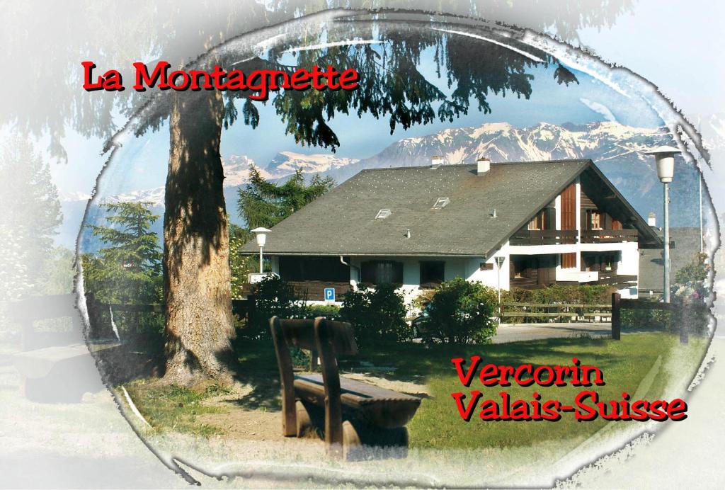 韦尔科兰La Montagnette, VERCORIN的一张房子的照片,上面有树和长凳