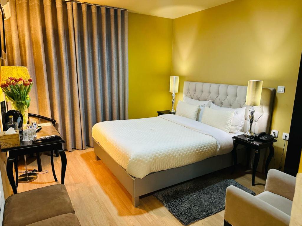 布拉干萨郁金香酒店的一间卧室配有一张床、一张沙发和一把椅子