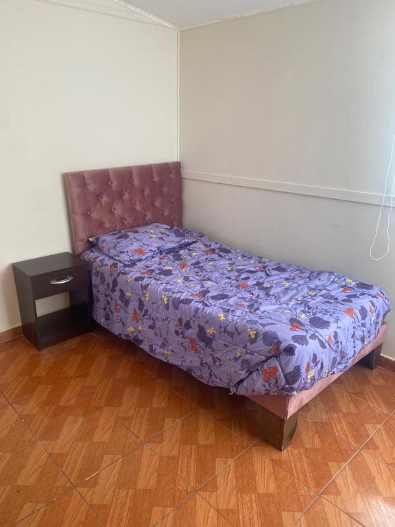 安托法加斯塔Baquedano的一间卧室配有一张带紫色棉被的床