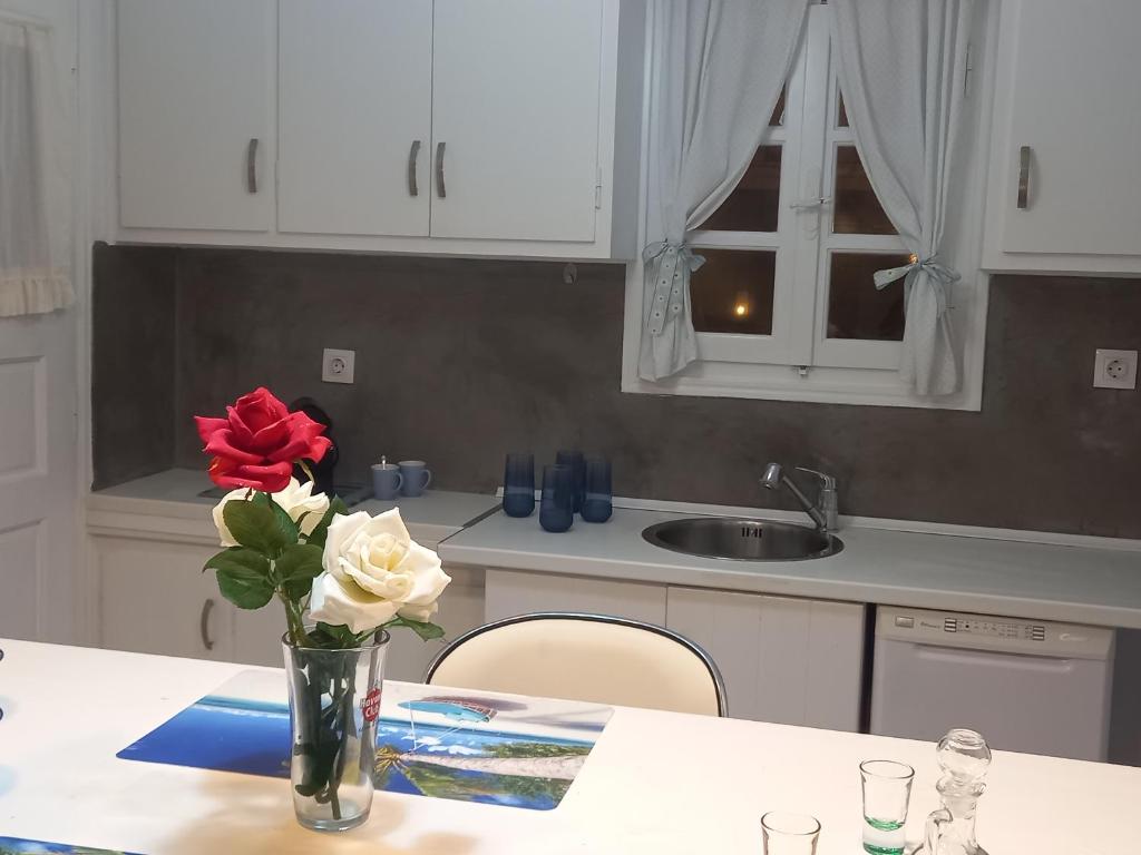 凯勒里瓦迪Blue Waves home Mykonos的厨房里桌子上一束玫瑰花