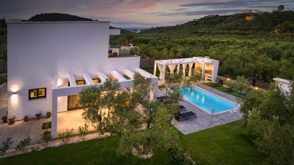 蒂锡利维Johnny's White Luxury Villa的享有带游泳池的房屋的空中景致