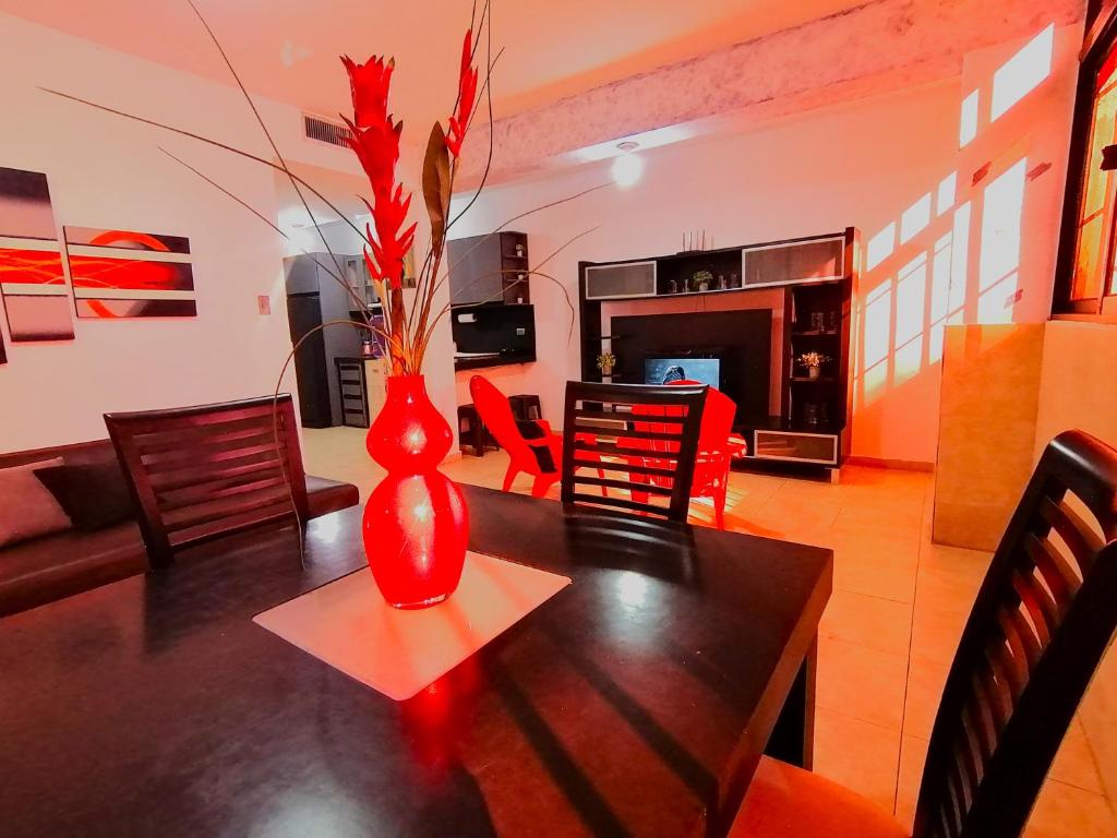 Boca de AroaTucacas, Sotavento的客厅桌子上的红色花瓶