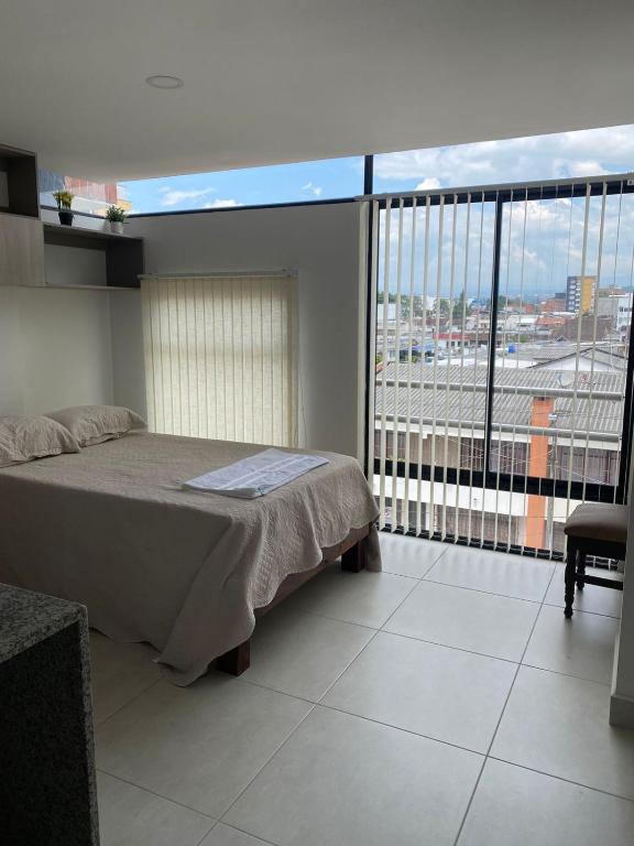 波帕扬Excelente nuevo Apartaestudio的一间卧室设有一张床和一个大窗户