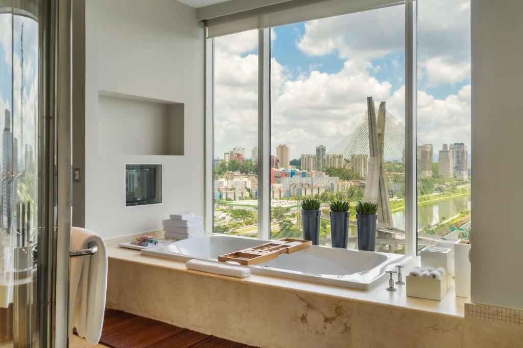 圣保罗圣保罗凯悦酒店的一间带水槽和大窗户的浴室