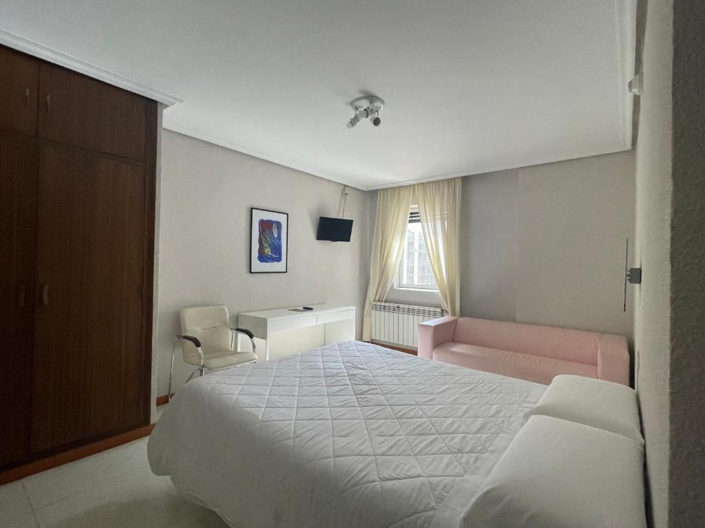 圣阿德里安Hostal Ochoa的一间卧室配有一张床、一张书桌和一个窗户。