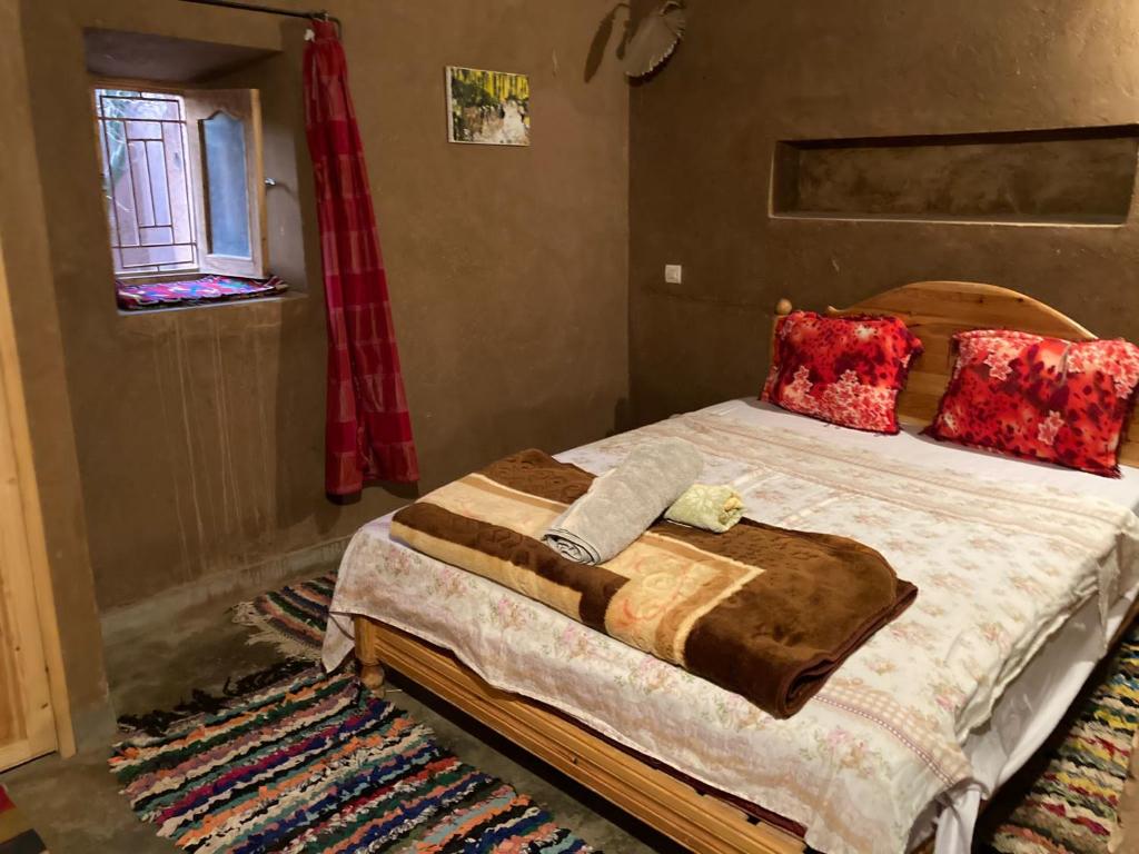 姆哈米德Authentic riad & activities Erg的一间卧室配有一张带红色枕头的大床