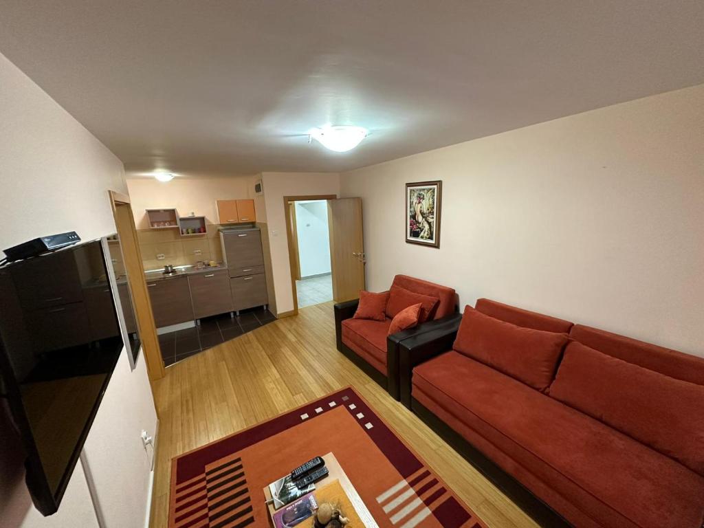 TrstenikApartmani Ušće的一间带红色沙发的客厅和一间厨房