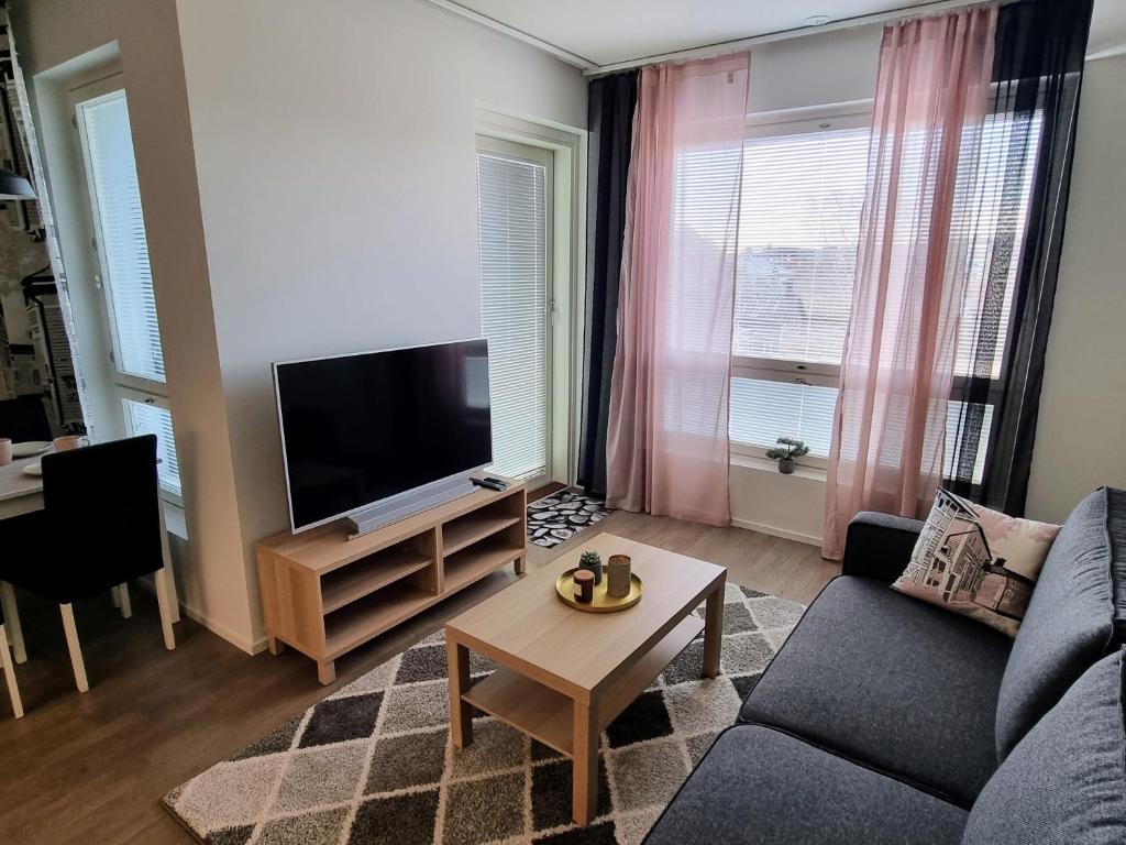 劳马Upea huoneisto Rauman keskustassa的带沙发和电视的客厅