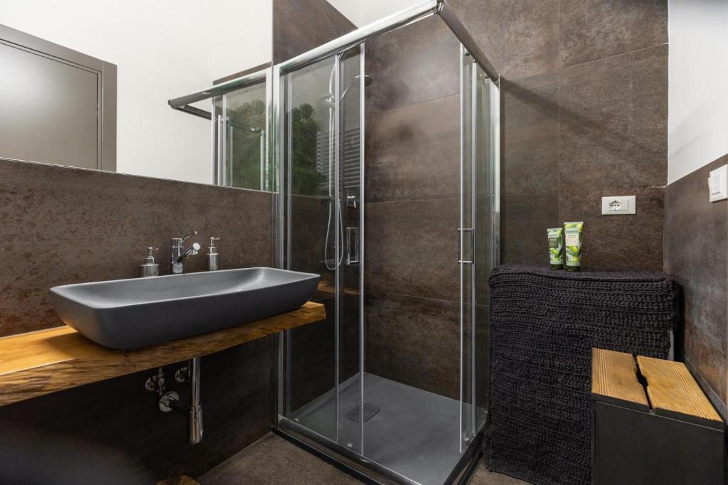 博洛尼亚Art Apartment Galliera的一间带水槽和玻璃淋浴的浴室