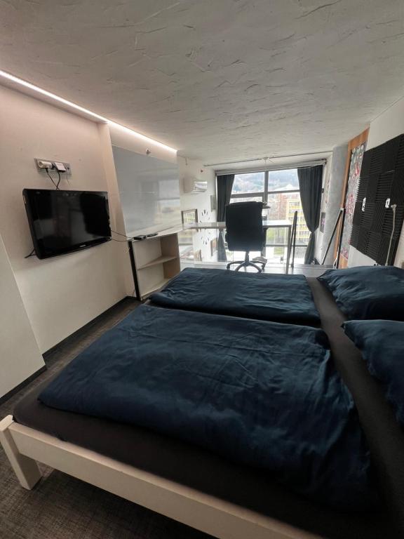 兹林1 bedroom loft apartment的一间卧室设有一张大床和一台平面电视。