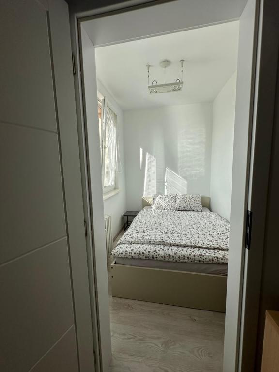PrievozBanselova apartment的一间小卧室,配有床和窗户