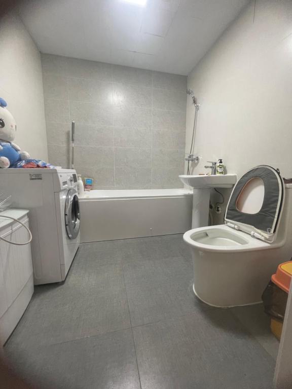 乌兰巴托Middle River Apartment & Tours的浴室配有卫生间、盥洗盆和洗衣机。