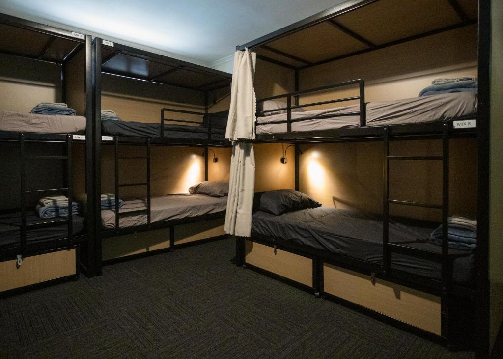 阿德莱德Base Camp Hostel的一间设有三张双层床的客房