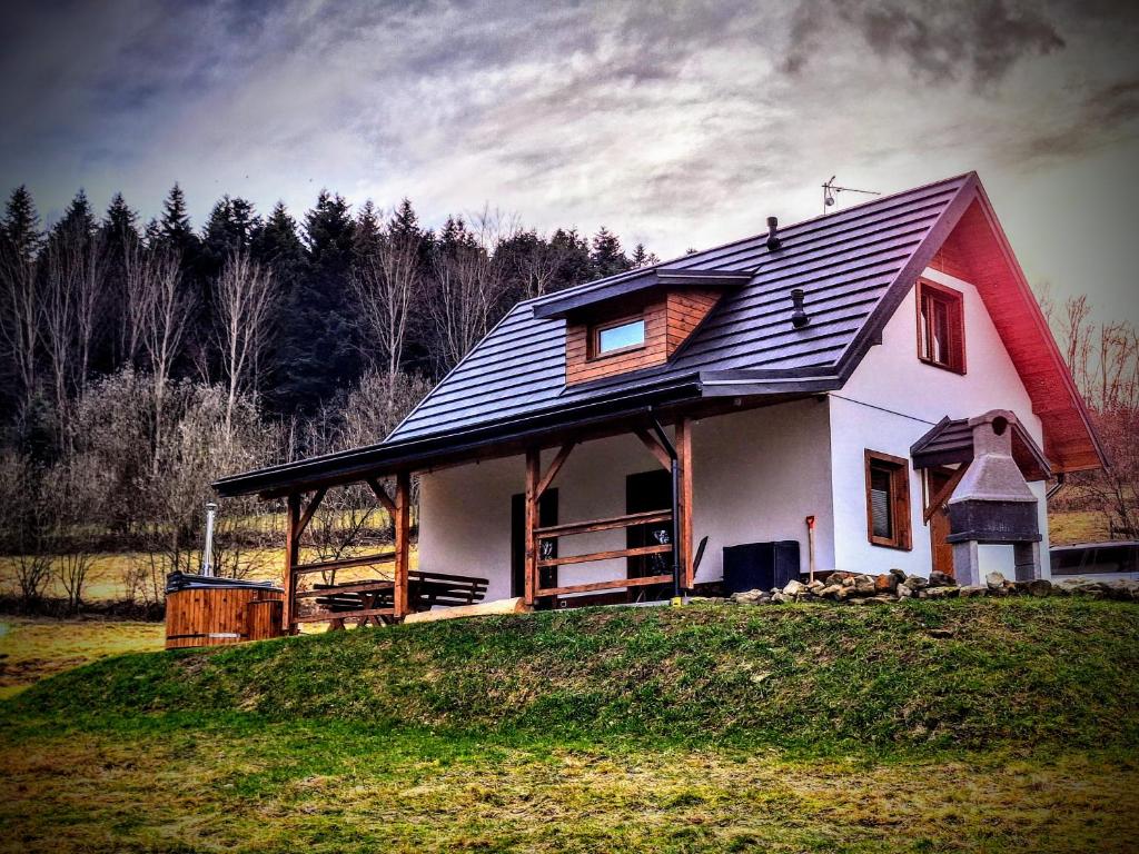 SękowaLeśna Chata domek z balią的山顶上带 ⁇ 顶的房子