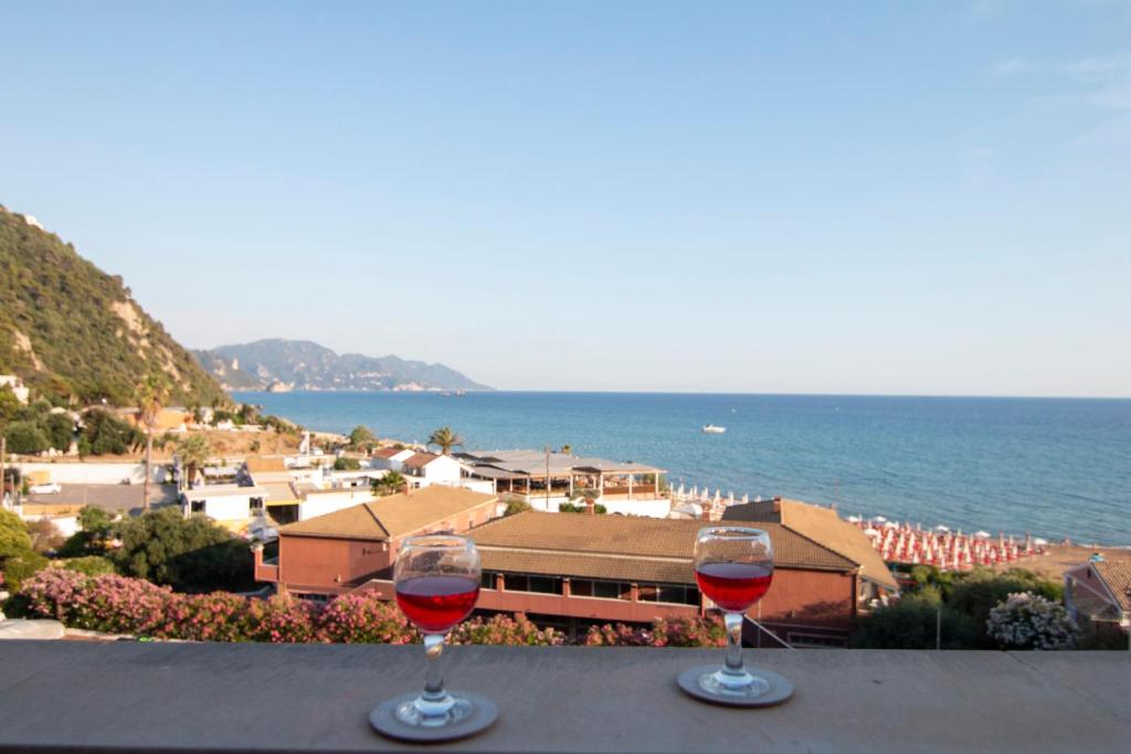 格利法达Nice seaview balcony Porlamar Home 155的两杯葡萄酒坐在桌子上,俯瞰大海