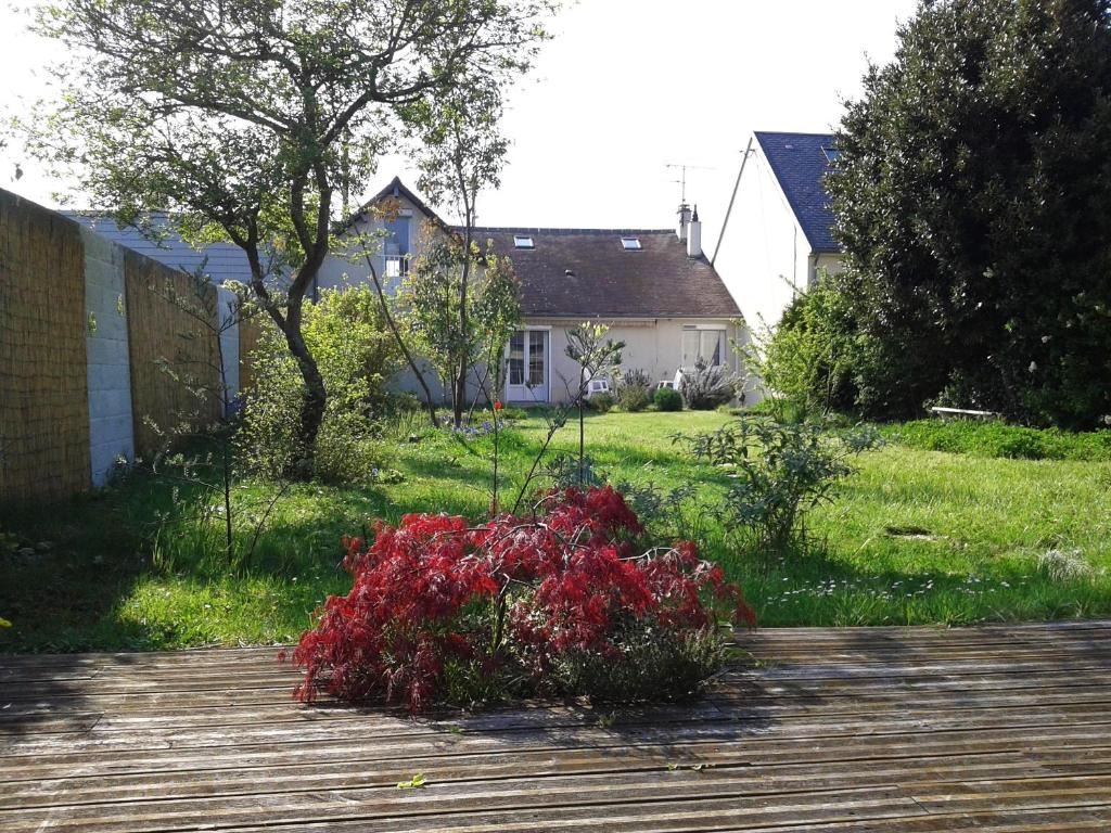 凯恩Maison au calme avec jardin clos的院子里木甲板上的花盆