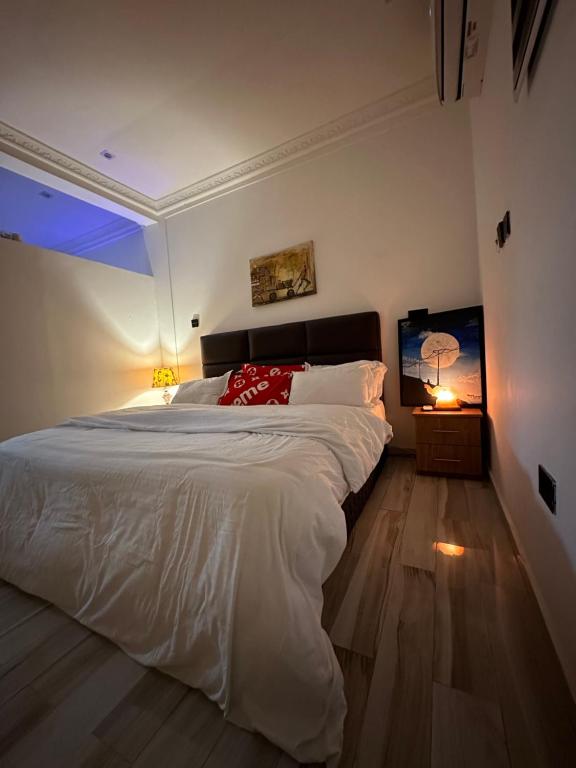 BaatsonaRich homes的卧室配有一张大白色床和红色枕头