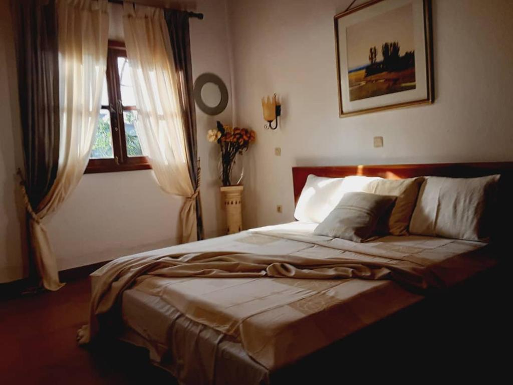 雅温得Village NDJIKESSI的卧室在窗户前配有一张大床