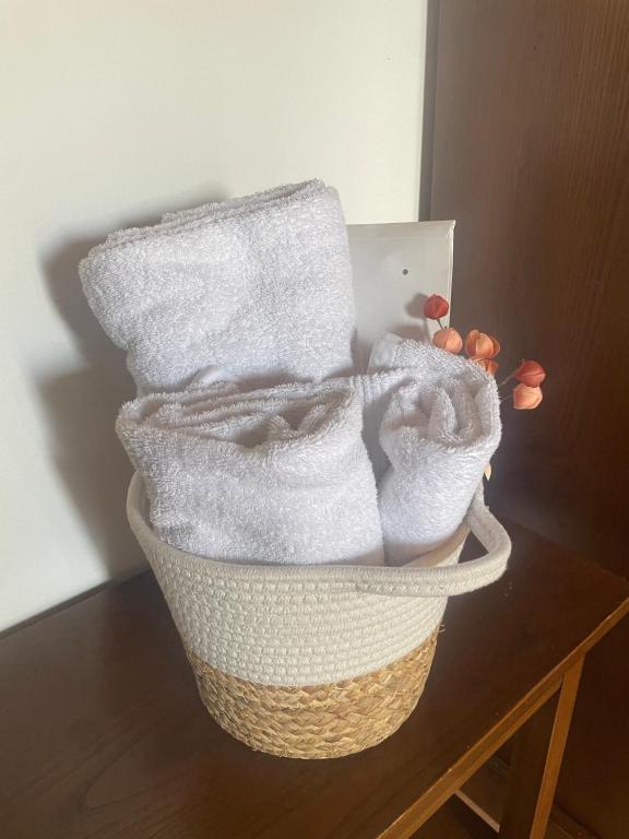 皮耶特拉伦加LocAle Guest House的装满桌子上毛巾的篮子