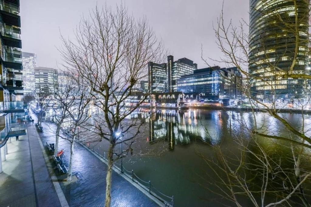 伦敦Canary Wharf Apartments的享有河流和建筑的城市美景