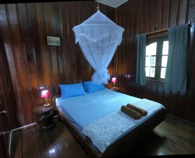 邦隆Ratanakiri Lakeside Homestay & Tours的卧室配有带蚊帐的床。