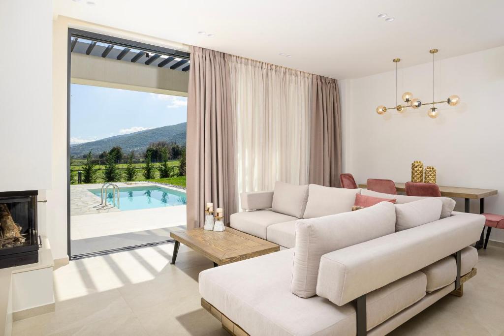 约阿尼纳Ioannina Secret Luxury Villas的带沙发和壁炉的客厅