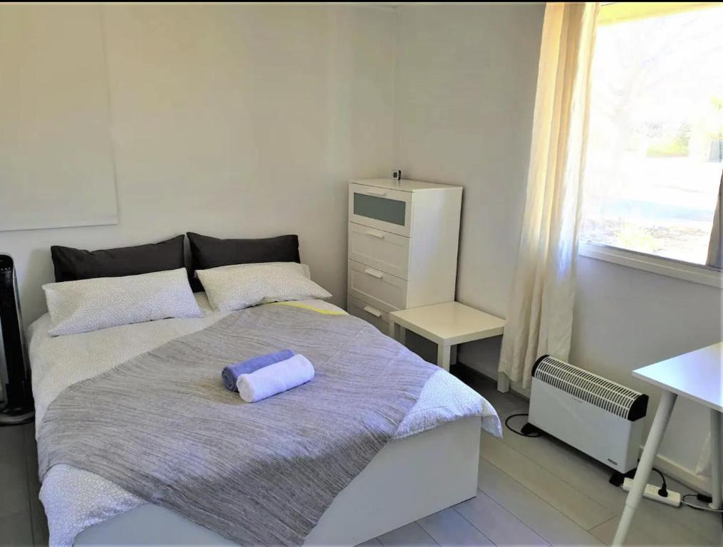堪培拉Private Room in a Shared House-Close to City & ANU-4的一间卧室配有一张床、一张书桌和一个窗户。