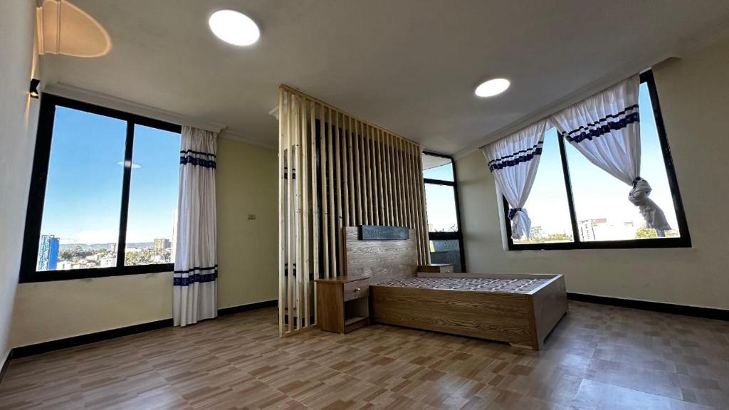 亚的斯亚贝巴Annaye Apartment的大房间设有大窗户和一张床