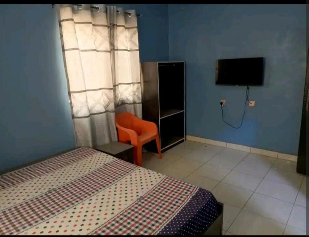 拉各斯Hibis k hotel (green gate)的一间卧室配有一张床、一台电视和一把椅子